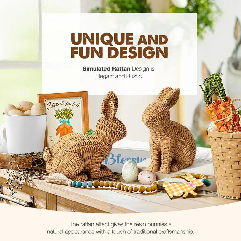 Ayieyill 2 Pcs Easter Rabbit Decor, Easter Rattan Bunny Resin Ornaments for Home Courtyard Tablet... | Walmart (US)