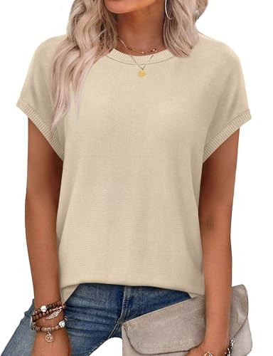 XIEERDUO Beige Sweaters for Women Short Sleeve Crew Neck Sweater Casual Knitted Lightweight Sweaters for Women Summer Trendy XXL | Amazon (US)