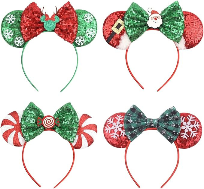 4 PCS Christmas Mouse Ears Headbands Christmas Sequin Santa Reindeer Candy Headbands for Cosplay ... | Amazon (US)