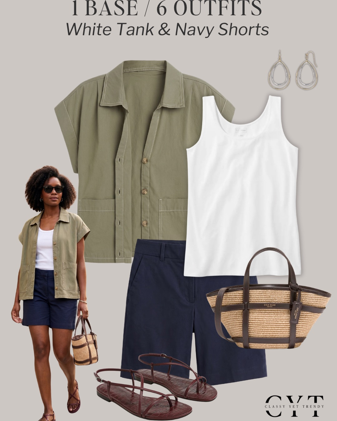 1 Base, 6 Outfits: Summer Edition 🎉 6 ways to wear two classic and timeless wardrobe staples: white tank and navy shorts (or black shorts) ✔️ Mix and match lightweight tops, shoes and accessories to create different looks. 

how to style, outfit ideas, elevated outfit, wardrobe essentials, chambray, button down shirt, casual sneakers, jelly flats, slide sandals, sandal heels, strap sandals

#summerstyle #summeroutfits #howtowear #stylinginspo #styletips