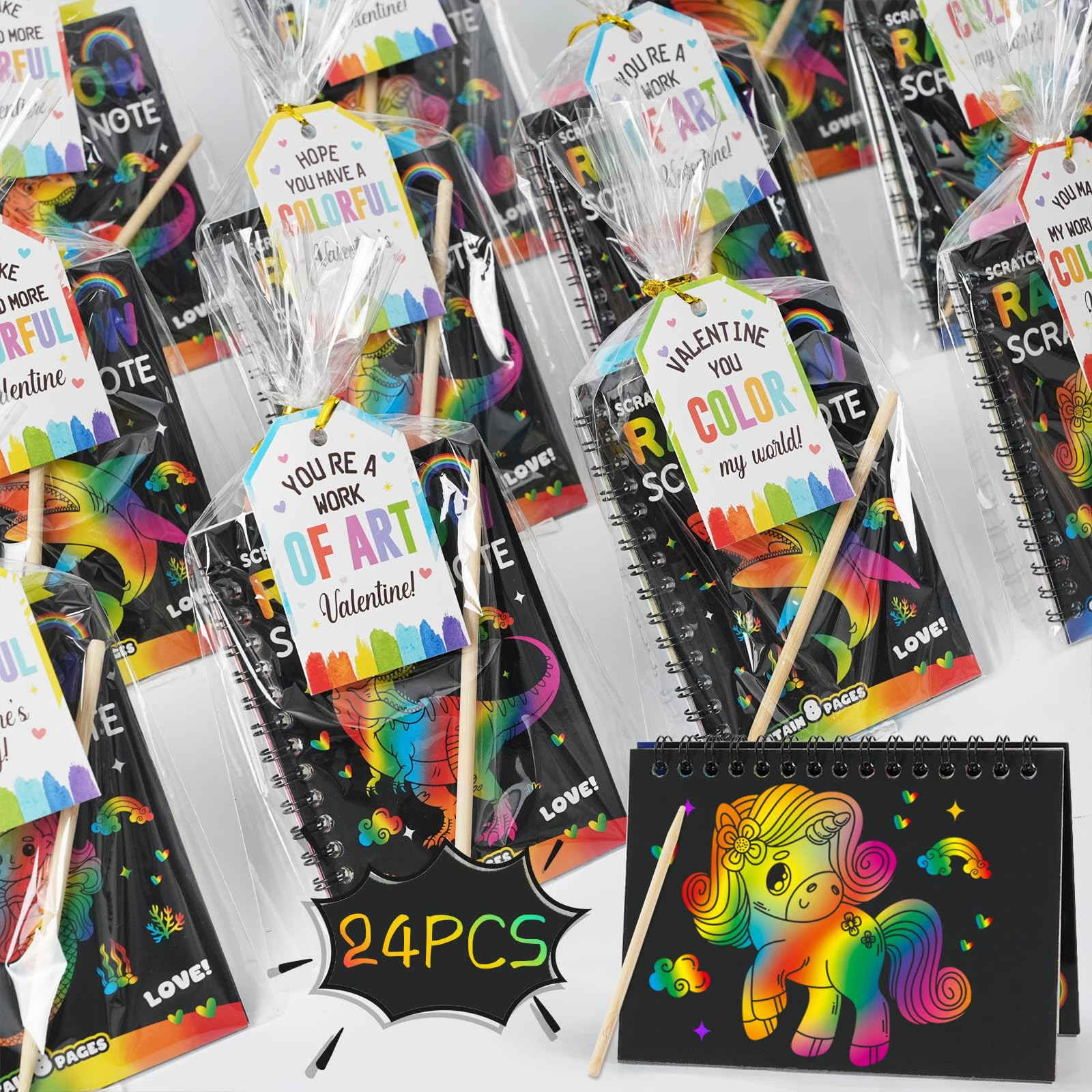 Valentines Day Gifts for Kids - 24 Pack Rainbow Scratch Art Notebook with Cards Set - Valentines ... | Amazon (US)