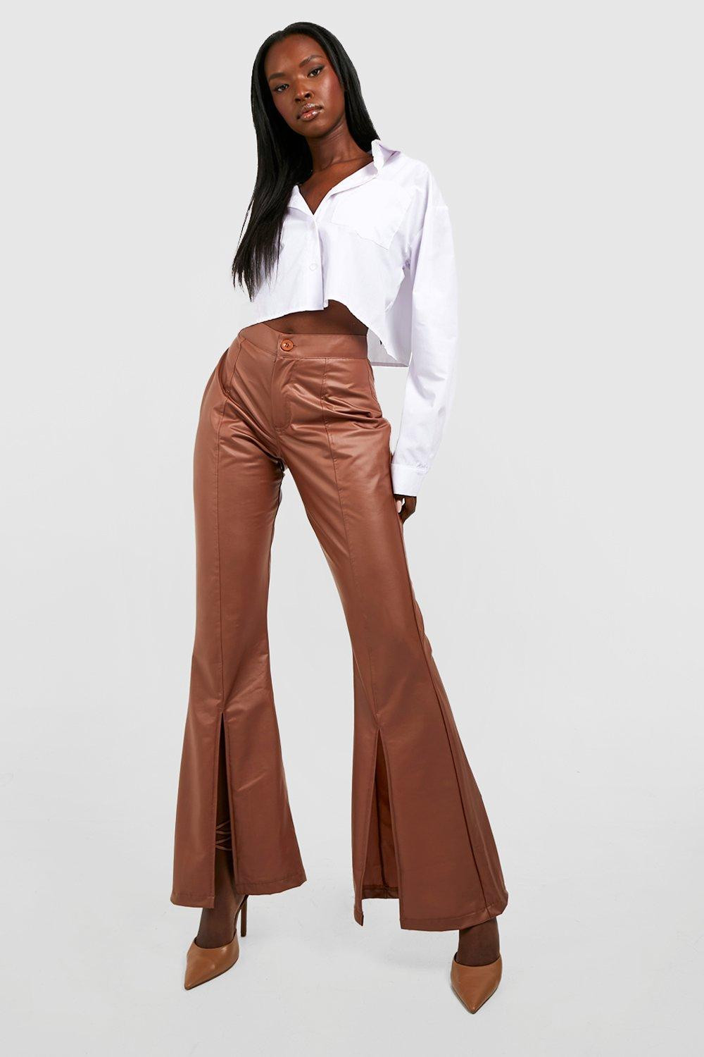 Womens Split Front Faux Leather Flared Pants - Brown - 2 | Boohoo.com (US & CA)