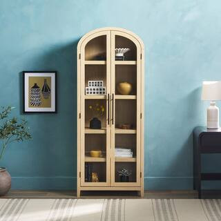 Welwick Designs Arched 76 in. Tall Coastal Oak Wood 5-Shelf Bookcase with Full-Length Glass Cabin... | The Home Depot
