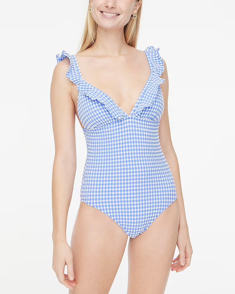 Seersucker ruffle-shoulder V-neck one-piece swimsuit | J.Crew Factory
