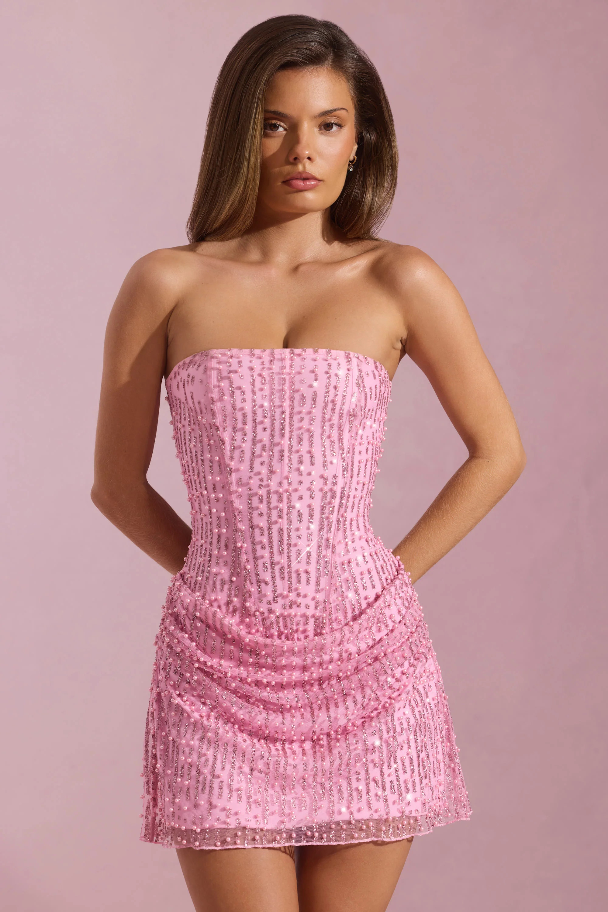 Embellished Draped Strapless A-Line Mini Dress in Pink | Oh Polly