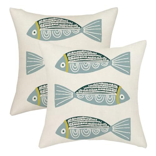 AGAYNA Coastal Pillow Covers 20x20 Blue Fish Summer Outdoor Throw Pillows for Couch Nautical Beach Ocean Pillowcase Farmhouse Decorative Cushion Case for Sofa Bed Decoration Set of 2 | Amazon (US)
