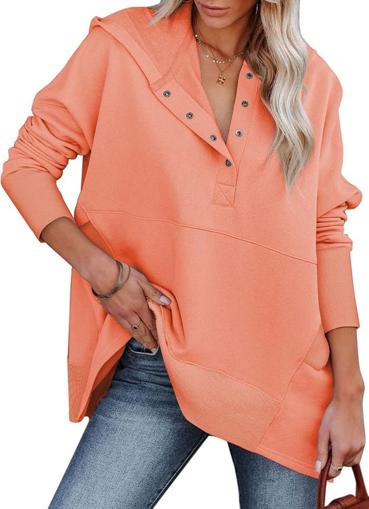 AlvaQ Women Casual Button V Neck Hoodies Oversized Pullover Sweatshirt Hooded Tops with Pockets | Amazon (US)