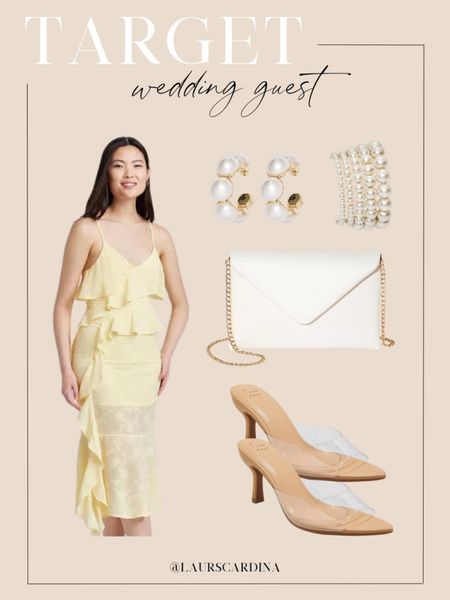 This wedding guest look is all from Target and includes a yellow ruffle midi dress, clear heels, pearl bracelets and earrings, and an envelope clutch purse. 

Wedding guest dress, look for less, target fashion, summer dress, bridal shower outfit 

#LTKwedding #LTKshoecrush #LTKstyletip