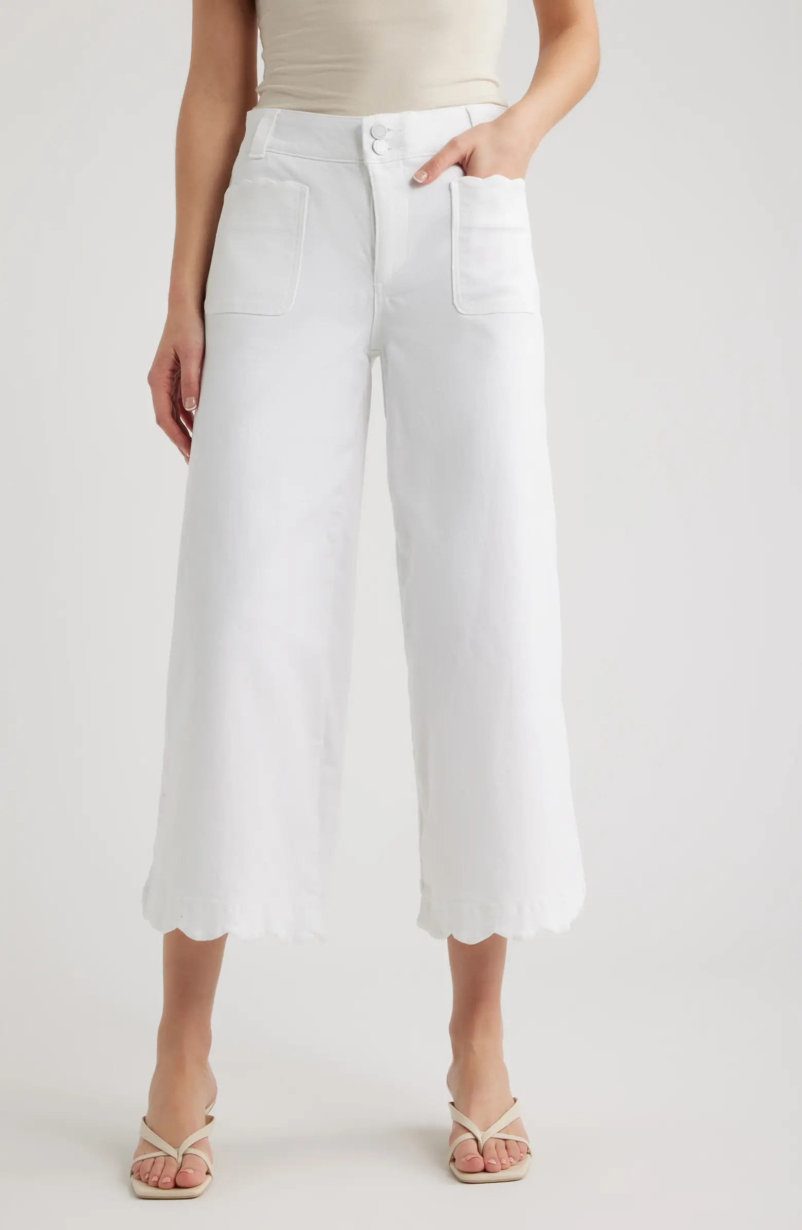 Scallop Patch Pocket High Waist Crop Wide Leg Twill Pants | Nordstrom