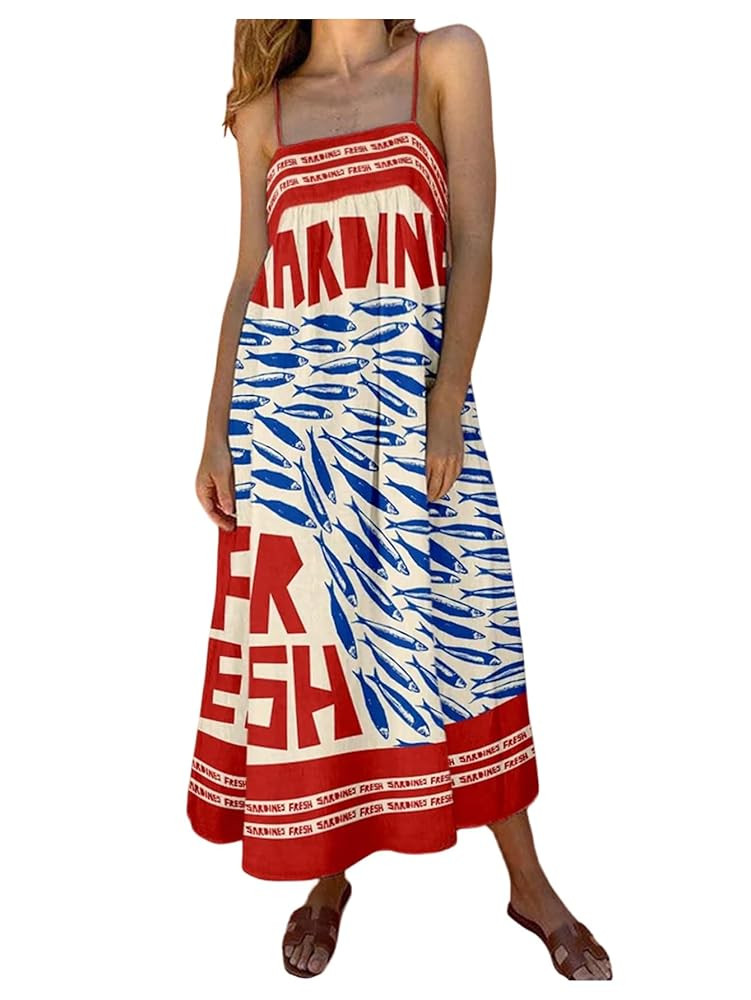 SOLY HUX Women's Sundress Graphic Print Color Block Spaghetti Strap Flowy Summer Long Cami Dress | Amazon (US)