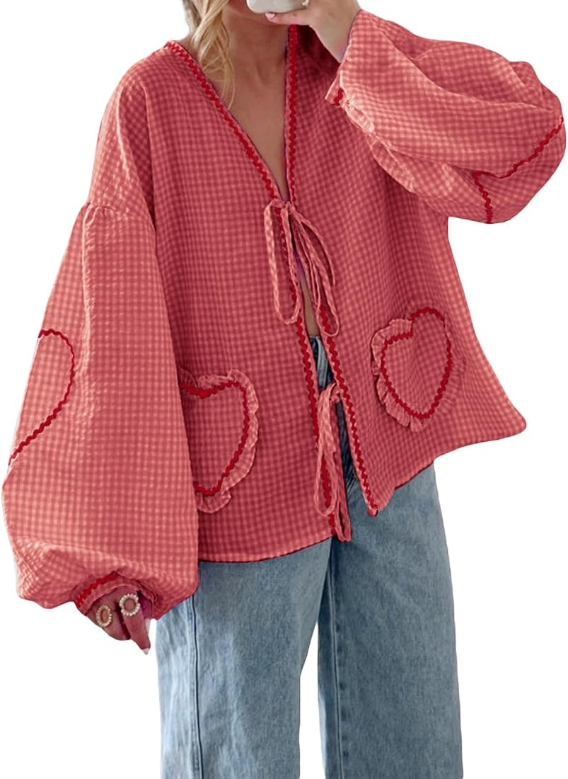 Giraropa Women Plaid Tie Front Top Cute Trim Patchwork Shirt Summer Y2k Puff Long Sleeve V Neck L... | Amazon (US)