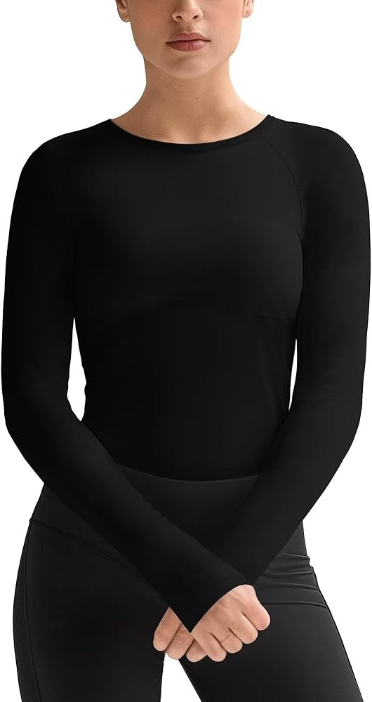 Womens Long Sleeve Workout Tops Slim-Fit Yoga Top Quick Dry Running Athletic Shirt High Stretch | Amazon (US)
