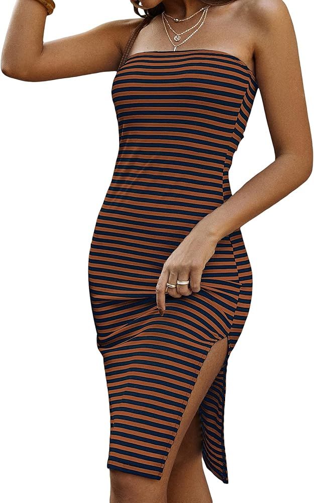 SOLY HUX Women's Strapless Striped Tube Dresses Casual Summer Sun Dress Split Thigh Bodycon Midi ... | Amazon (US)