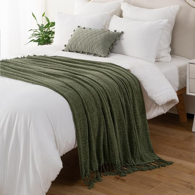 BATTILO HOME Olive Green Throw Blanket for Couch Bed Sofa, Soft Cozy Chenille Throw Blanket with ... | Amazon (US)