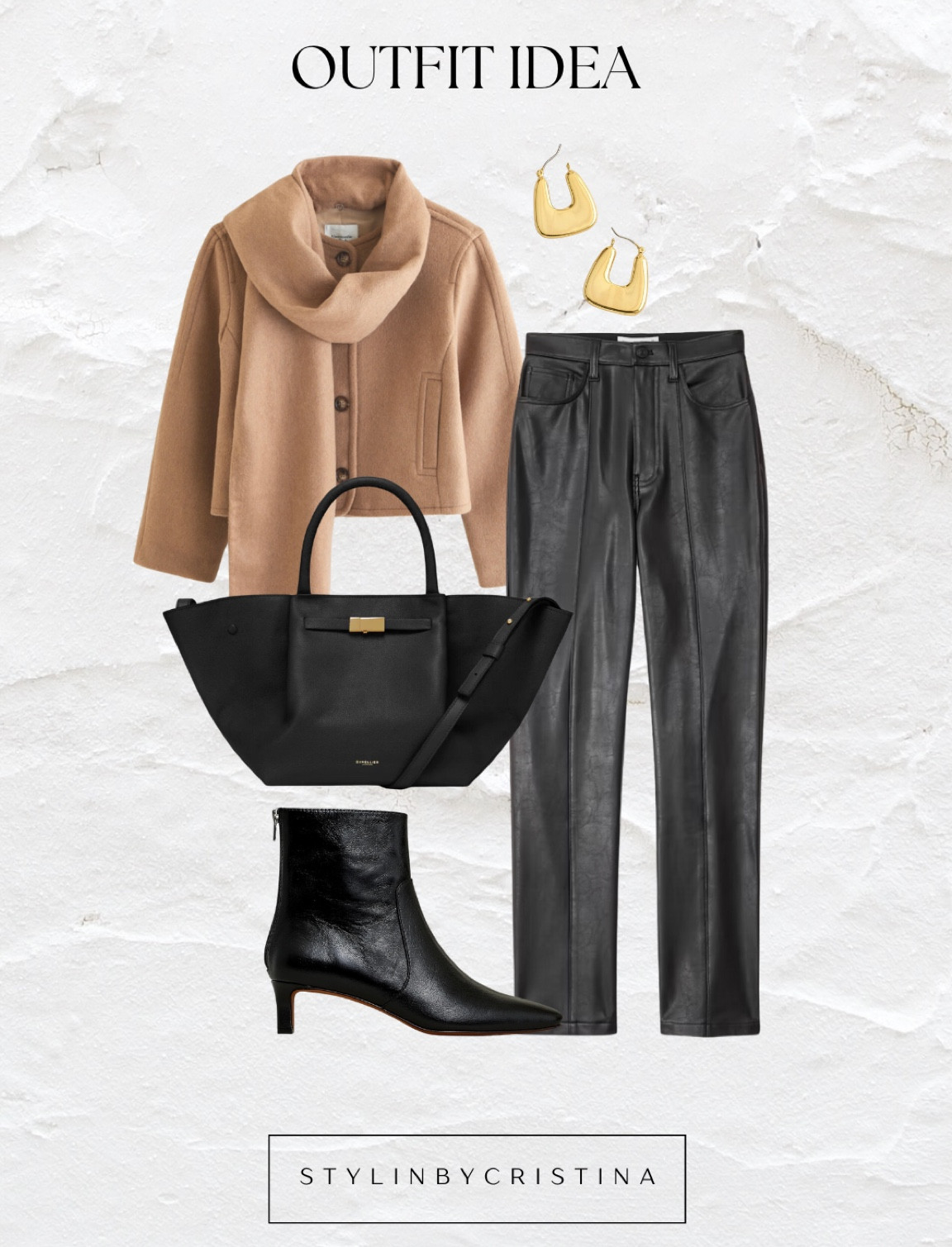 Casual chic cozy outfit/ 
Black booties that look like the Toteme ones for less! 
Faux leather pants 
Black tote minimal bag with gold hardware 
Cropped jacket with removable scarf 
Quiet luxury / minimalist style / neutrals / gold hoops / 

#LTKSeasonal #LTKworkwear #LTKeurope