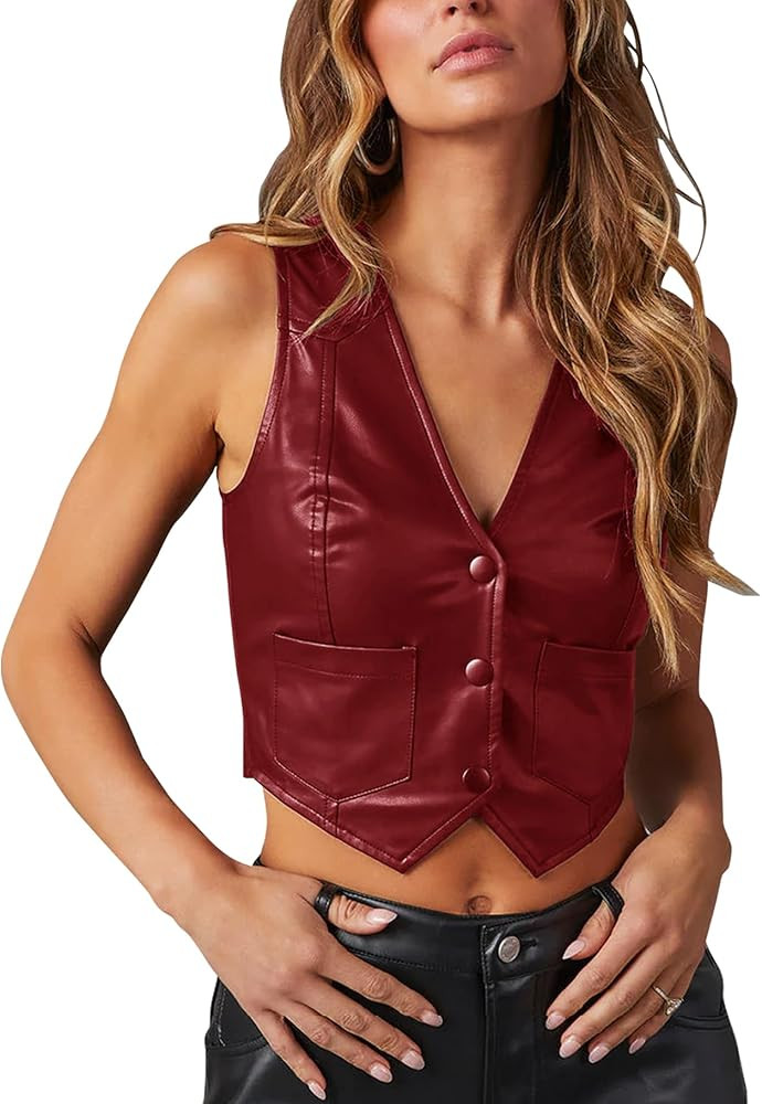Fallorchid Women's Button Up Sleeveless Vest Crop Tops Sexy V Neck Faux Leather Jacket Waistcoat | Amazon (US)
