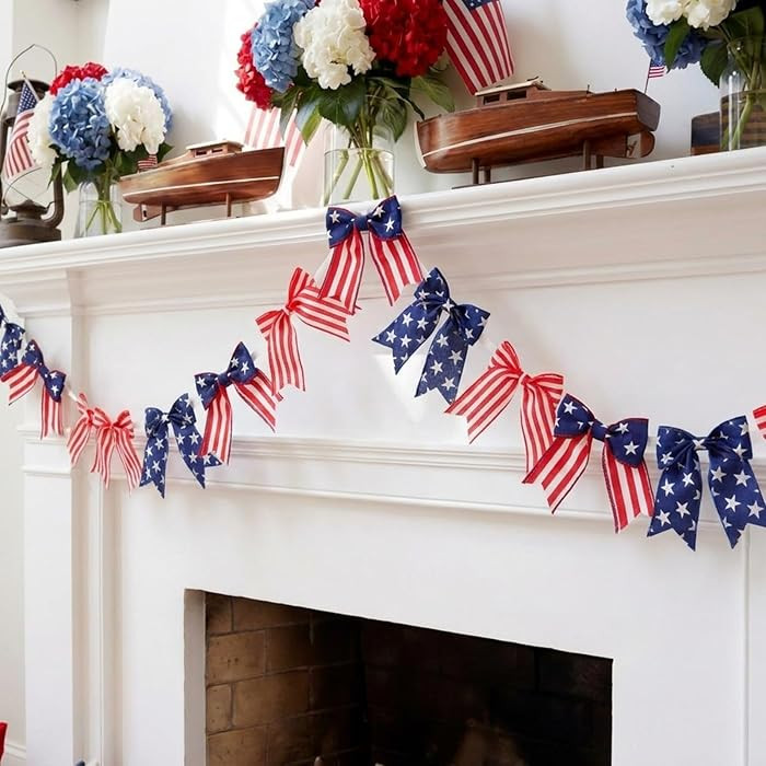 6.2 ft 4th of July Decorations Patriotic Bow Garland Memorial Day Decor Red White Blue Bow Banner... | Amazon (US)