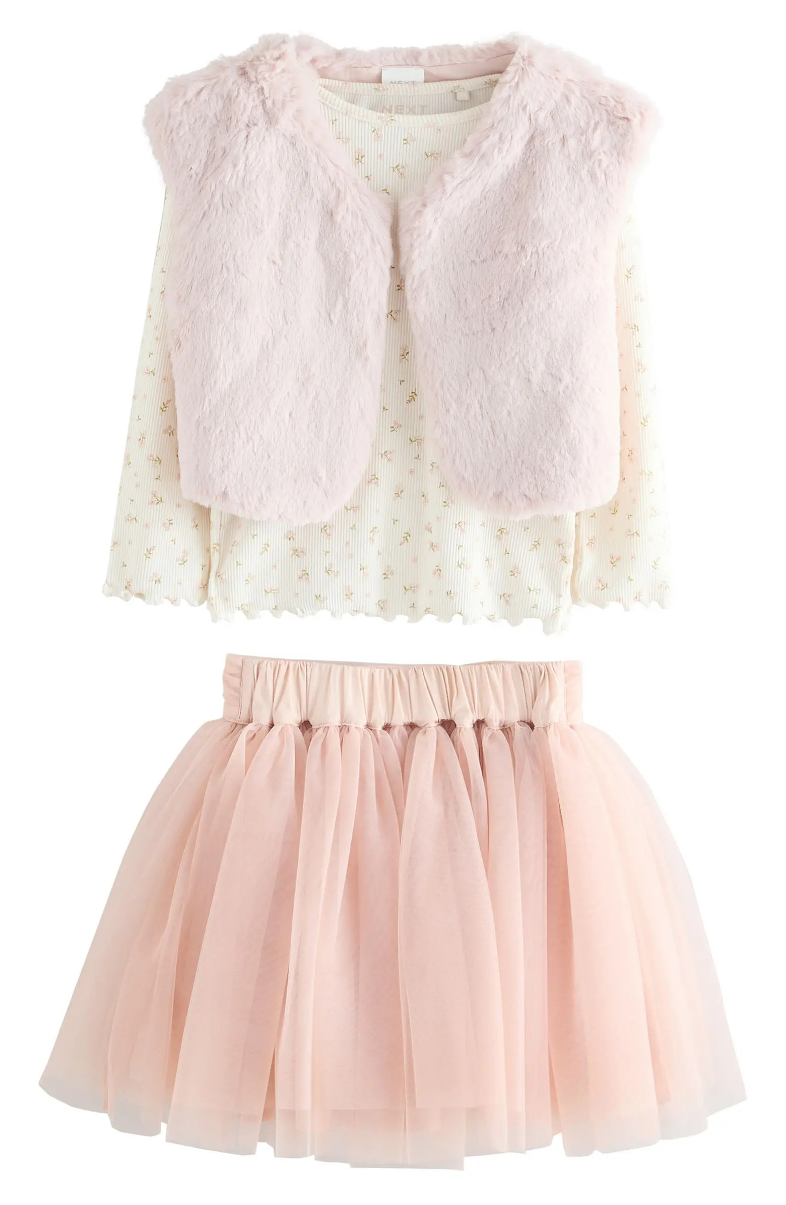 NEXT Kids' Floral Print T-Shirt, Faux Fur Vest & Tulle Skirt Set | Nordstrom | Nordstrom
