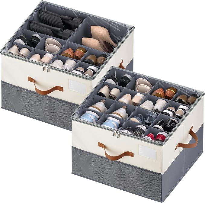 Shoe Organizer for Closet, 2 Pack Shoe Storage Containers with Adjustable Dividers, Space Saving ... | Amazon (US)