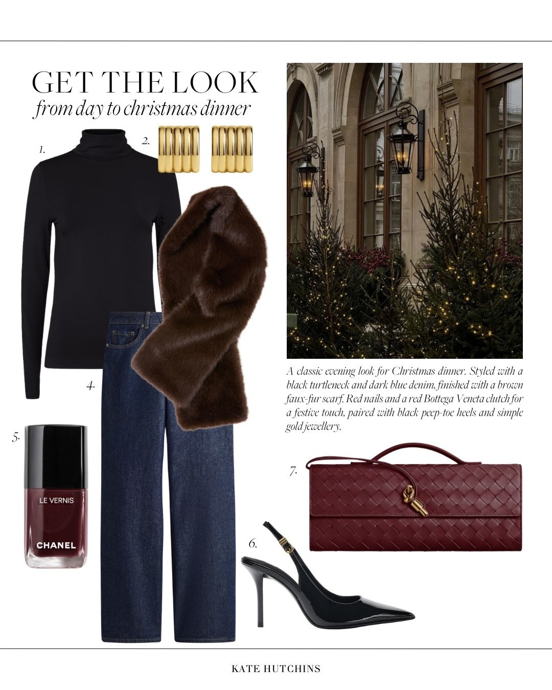 A classic evening look for Christmas dinner. Styled with a black turtleneck and dark blue denim, finished with a brown faux-fur scarf for warmth. I added red nails and my red Bottega Veneta clutch for a festive touch, paired with black  heels and simple gold jewellery.


#LTKstyletip #LTKfestive