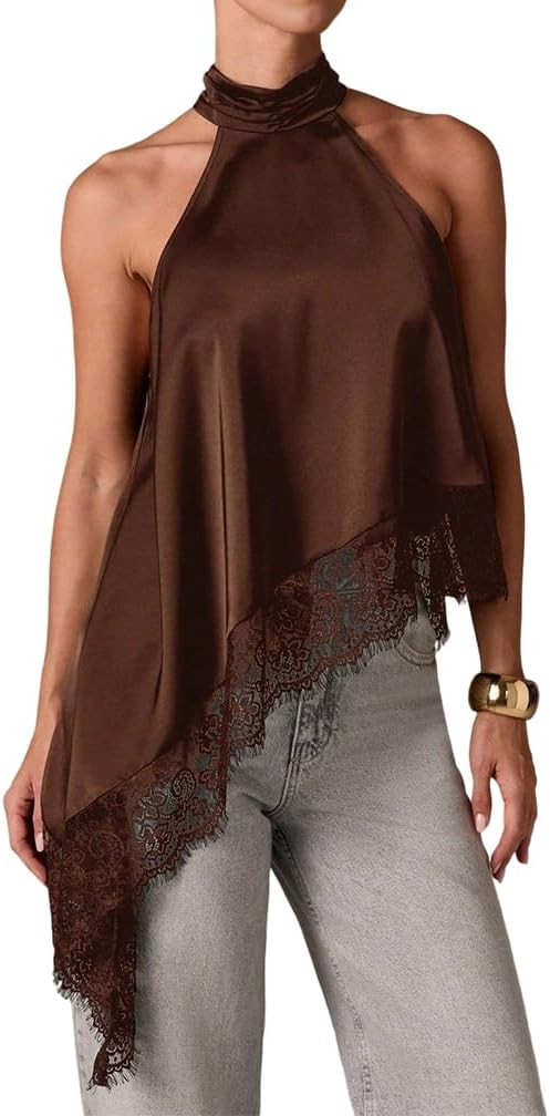 Women Y2k Satin Sleeveless Mock Neck Lace Trim Tank Top Elegant Backless Asymmetric Hem Going Out Halter Tops | Amazon (US)