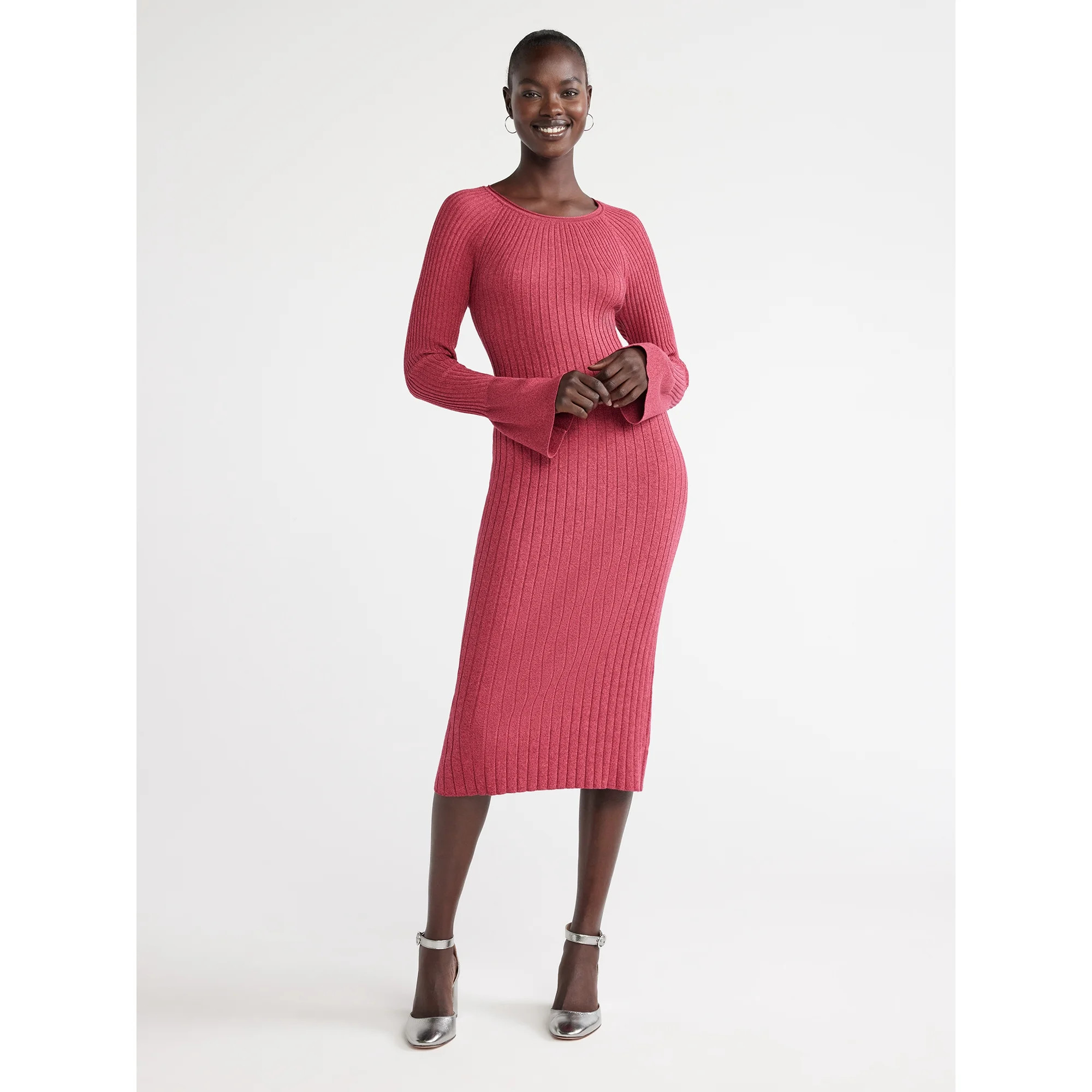Free Assembly Women's Radiating Ribbed Midi Dress with Long Sleeves, Sizes XS-XXXL | Walmart (US)