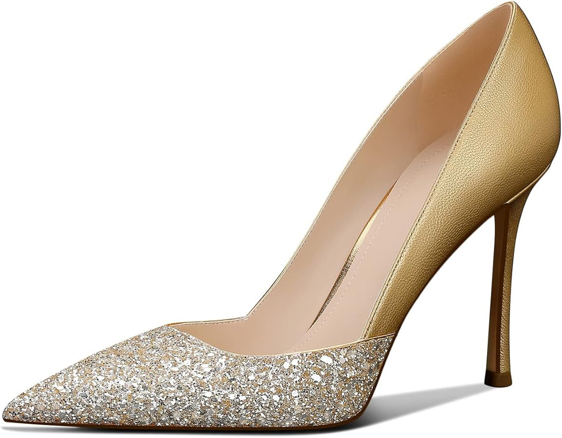 Women's Sparkly High Heels Closed Pointed Toe Pumps 3.74-inch Sexy Slip on Heels Wedding Party Pu... | Amazon (US)