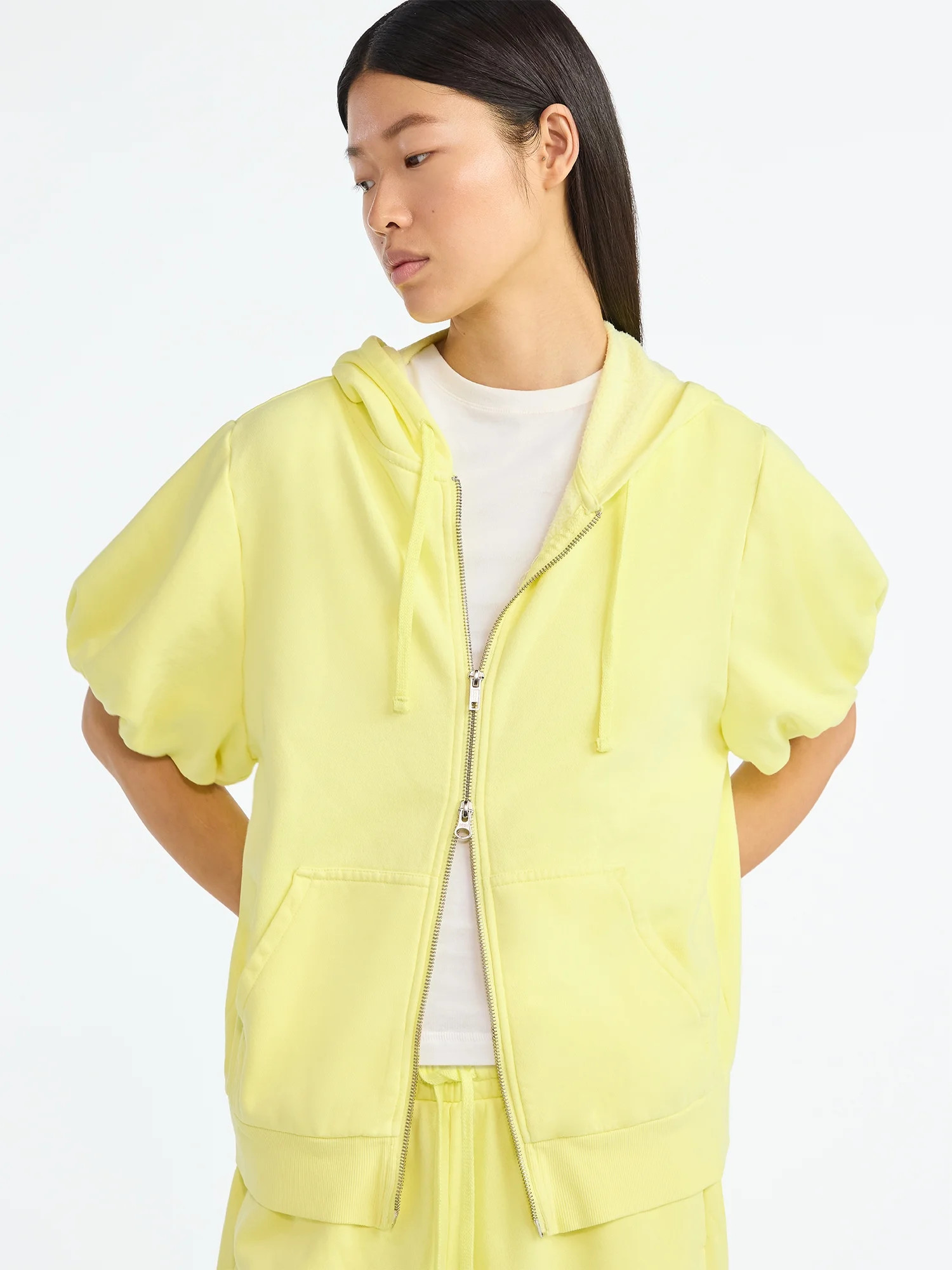 Scoop Women’s Mineral Washed Zip Hoodie with Short Puff Sleeves, Sizes XS-XXL | Walmart (US)