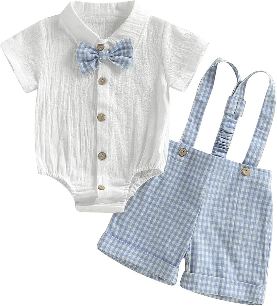 Baby Boy Clothes Set Infant Bow Tie Button Down Shirt Bodysuit Top Striped/Plaid Shorts 2Pcs Summ... | Amazon (US)