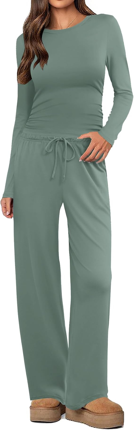 Ekouaer Women's 2 Piece Set 2026 Ruched Long Sleeve Top Wide Leg Pants | Casual Two Piece Outfit,... | Amazon (US)