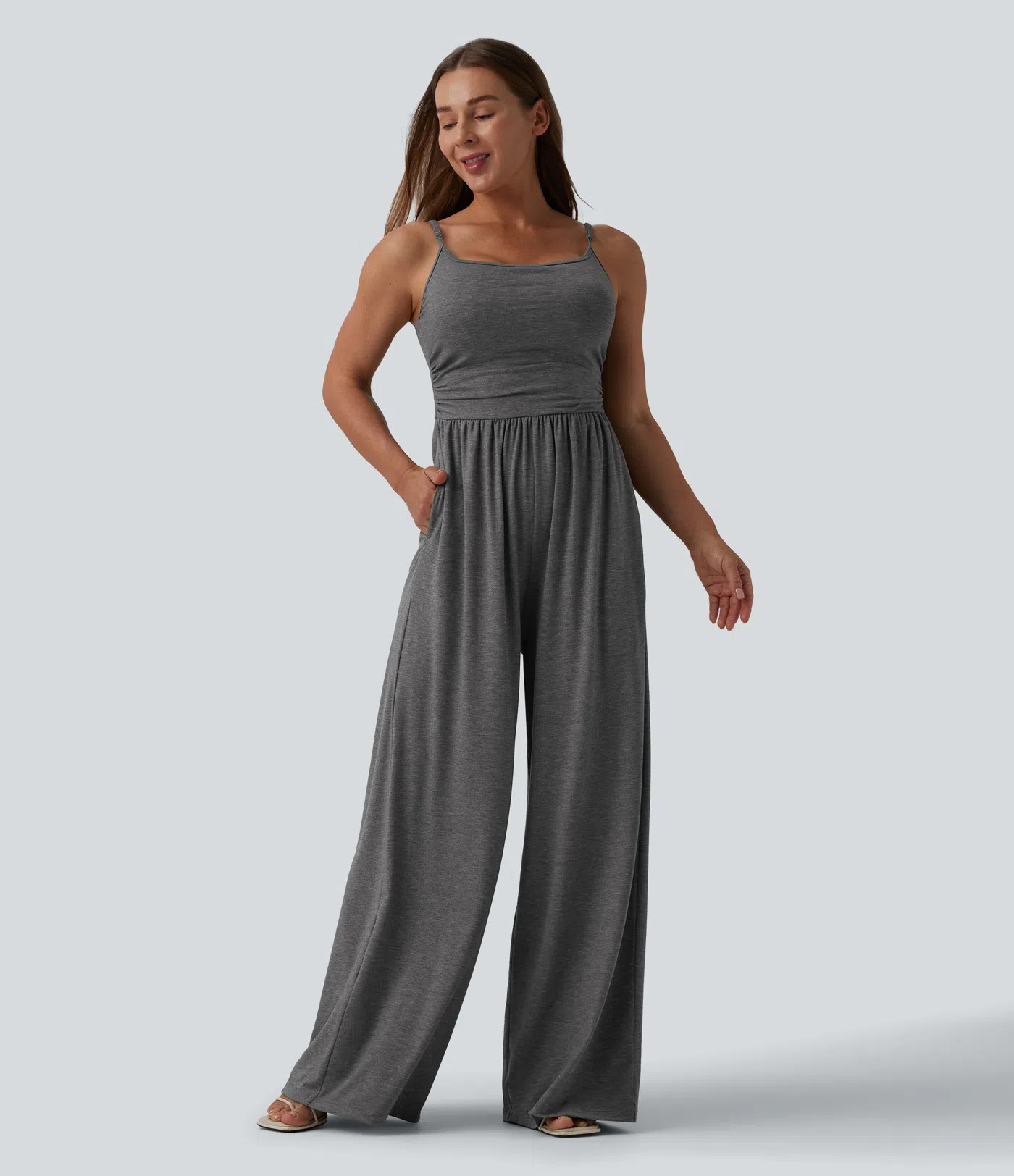 Adjustable Straps Ruched Wide Leg Heathered Casual Jumpsuit with Pockets-Easy Peezy | HALARA