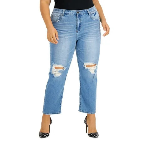 Gogo Jeans Trendy Plus Size Ripped Ex Boyfriend Jeans Medium Light Wash 22W | Walmart (US)