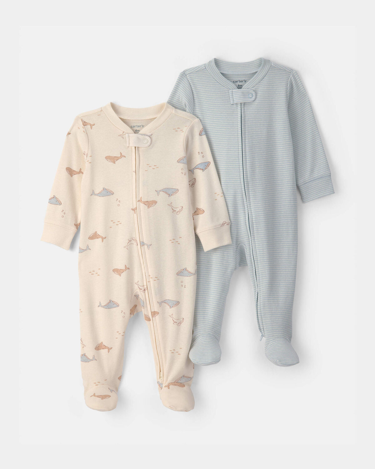 Baby 2-Pack Whale Striped 100% Cotton 2-Way Zip Sleep & Play Pajamas - Blue/Ivory | Carter's Inc