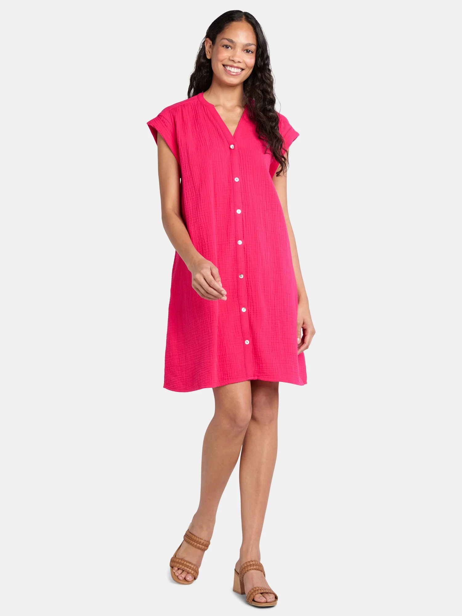 Time and Tru Women's Double Cloth Cotton Mini Shirtdress, Sizes XS-XXXL | Walmart (US)
