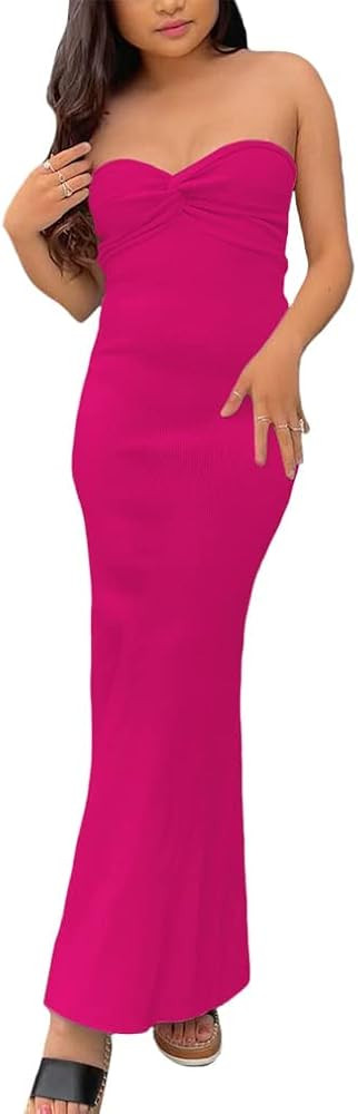 Sdencin Women Sexy Twist Knot Front Ribbed Knit Bodycon Bandeau Tube Dress Casual Solid Strapless... | Amazon (US)