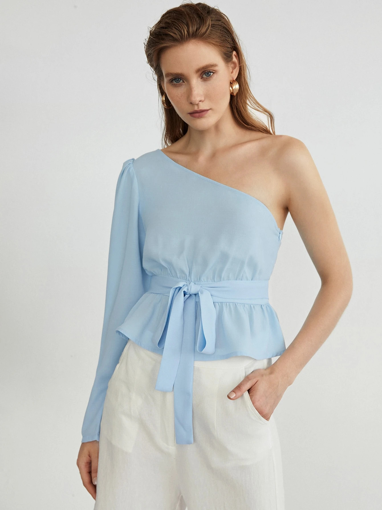 One Shoulder Belted Peplum Top | SHEIN
