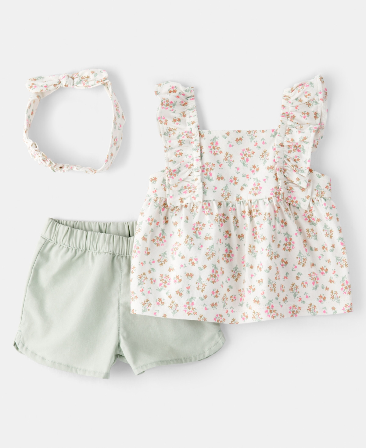 Carter's Baby Girls' Top, Shorts and Headband, 3-Piece Set - Off White/Green | Macy's