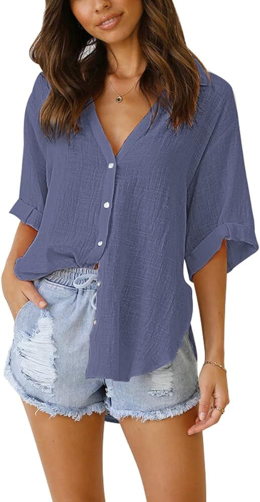 Womens Button Down Linen Shirts V Neck Roll Up Cuffed Sleeve Blouses Loose Collared Shirt Casual For | Amazon (US)