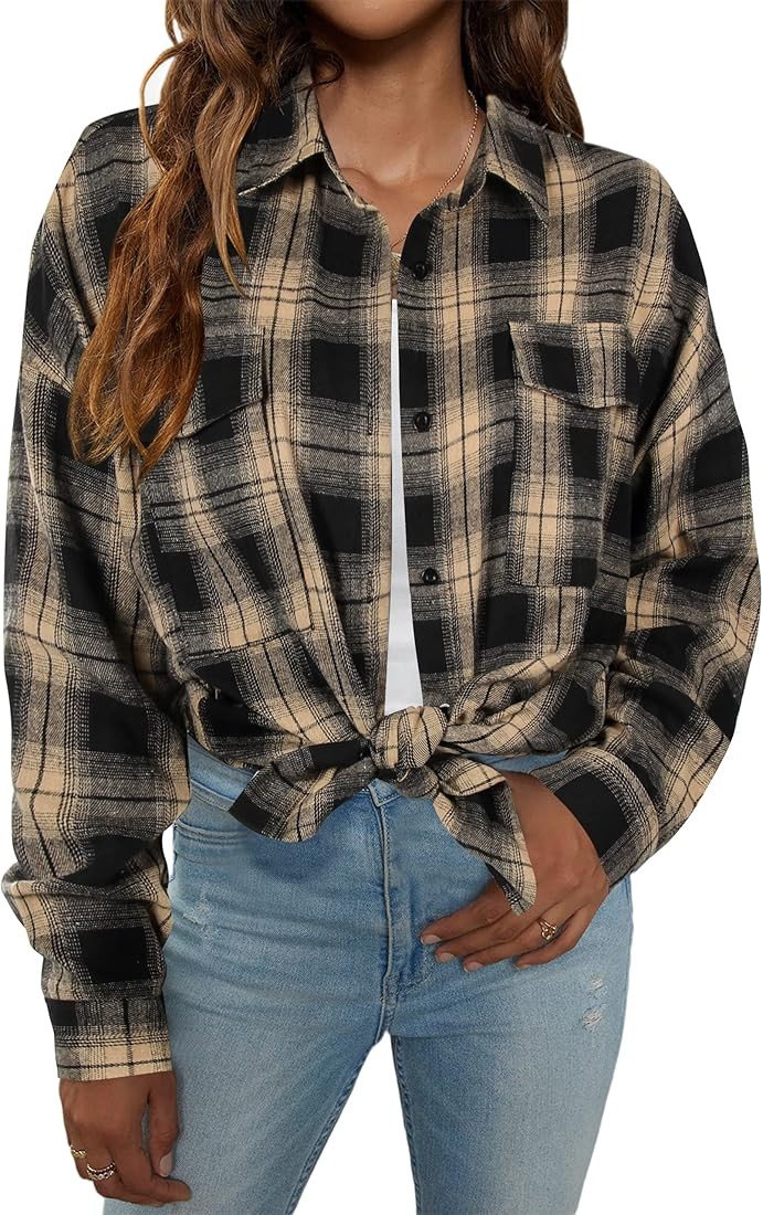 Blooming Jelly Women's Button Down Flannel Shirts Plaid Shacket Long Sleeve Collared Business Casual | Amazon (US)