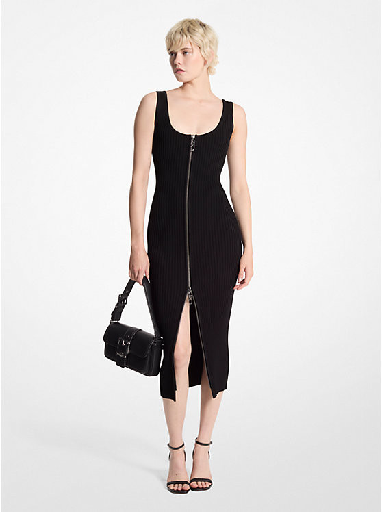 Ribbed Stretch Knit Zip Dress | Michael Kors US