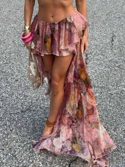 Vacation Floral Printed Ruffles Women Skirts Fashion Sexy Semi-Perspective Maxi Skirts Vintage El... | SHEIN