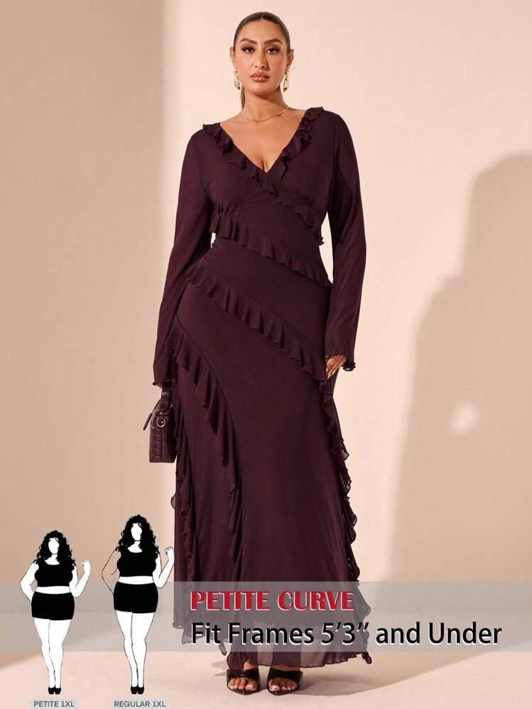 SHEIN PETITE CURVE Burgundy Long Plus Size Ruffle Dress With V Neck And Flared Hem For Elegant Oc... | SHEIN