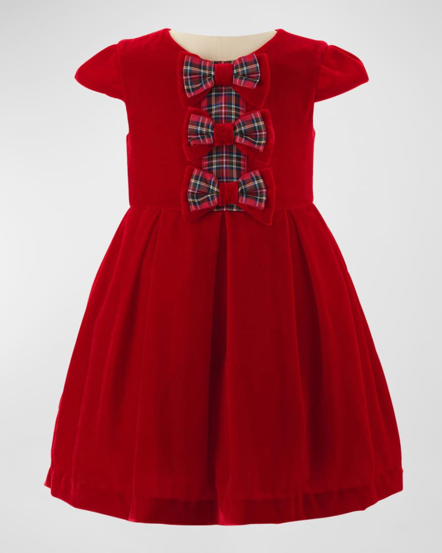 Girl's Bow Velvet Holiday Tartan Bow Dress, Size 2-14 | Neiman Marcus