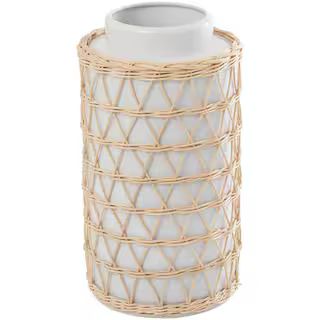 15 in. White Handmade Ceramic Decorative Vase with Woven Rattan Exterior | The Home Depot