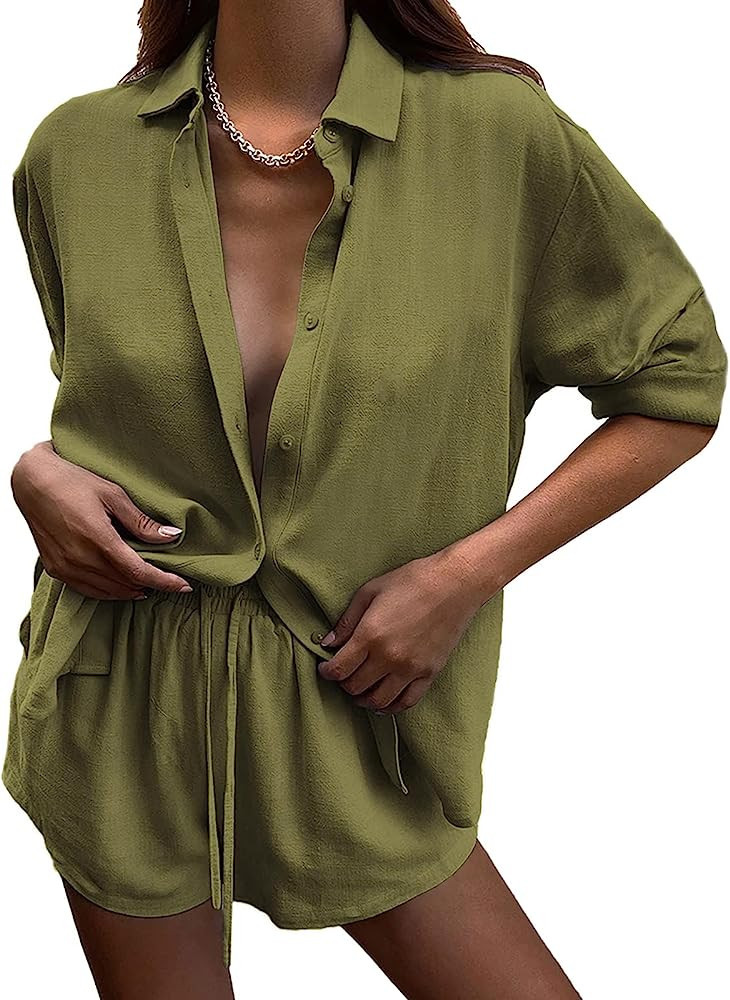 DEEP SELF 2 Piece Outfits for Women Olive Green Summer Botton Down Long Sleeve Shirt And Shorts Set | Amazon (US)