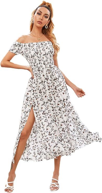 Floerns Women's Boho Floral Print Off Shoulder Split Long A Line Dress | Amazon (US)