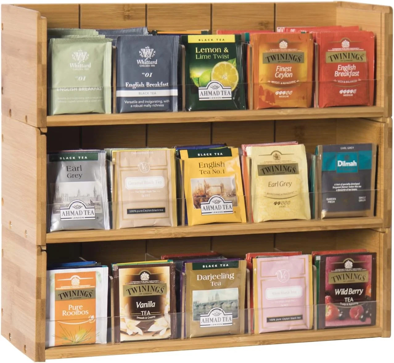 Bamboo Tea Bag Organizer, 3 Tier Stackable Hot Tea Bag Drawer Storage Organizer Holder with 615Co... | Walmart (US)