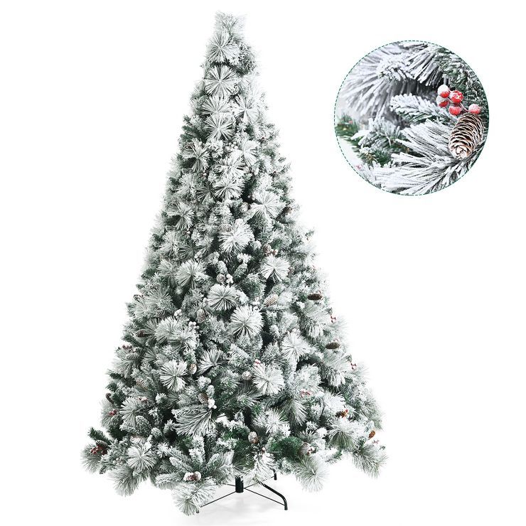 Costway 8ft Snow Flocked Christmas Tree Glitter Tips w/ Pine Cone & Red Berries | Target