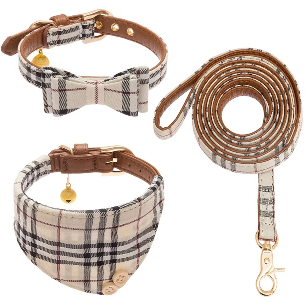 Plaid Dog Collar and Leash Set Cute Bow Tie&Bandana Necktie Adjustable Leather Small Dog Collars | Walmart (US)