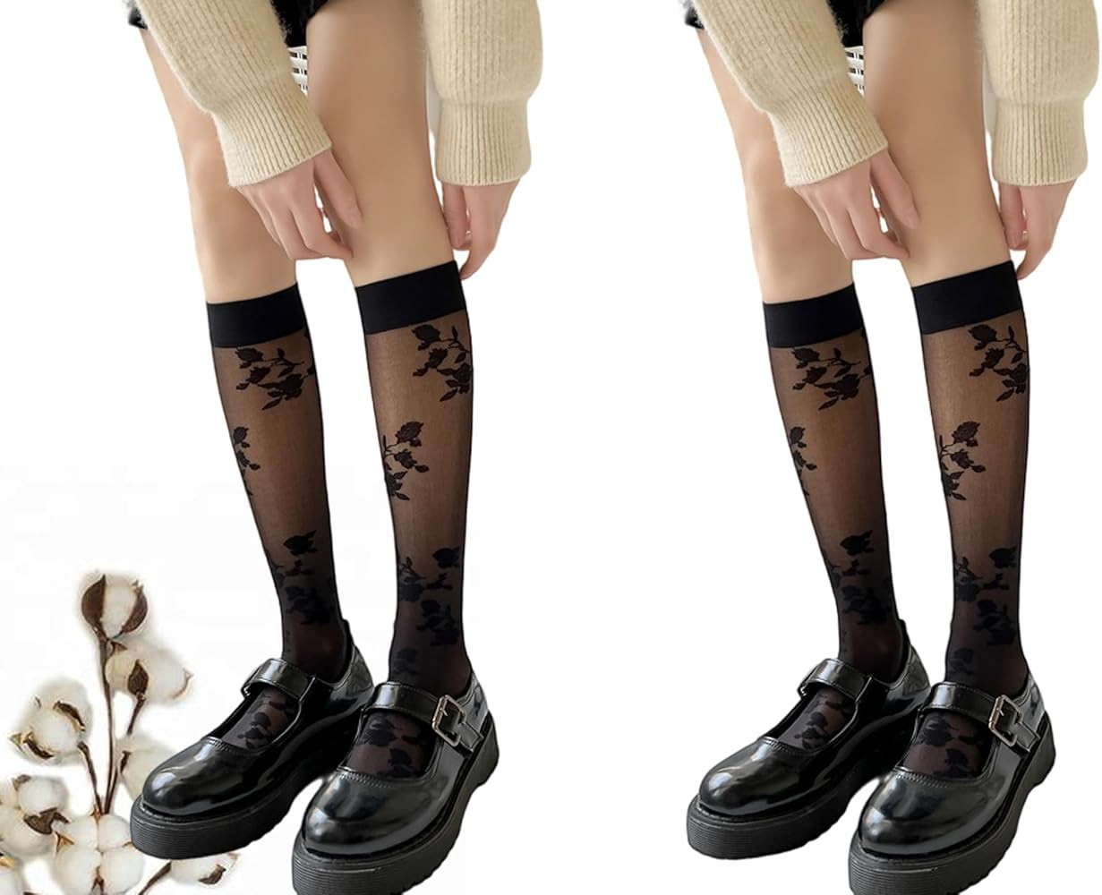 CHUNFO Sheer Socks Womens Floral Embroidered Flower Calf Knee High Cute Ankle Vintage Sock Thin S... | Amazon (US)